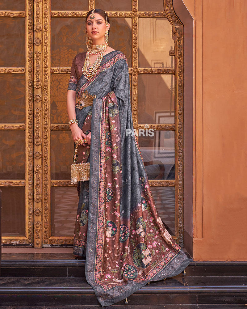 Grey & Brown Border Printed Silk Saree with Belt