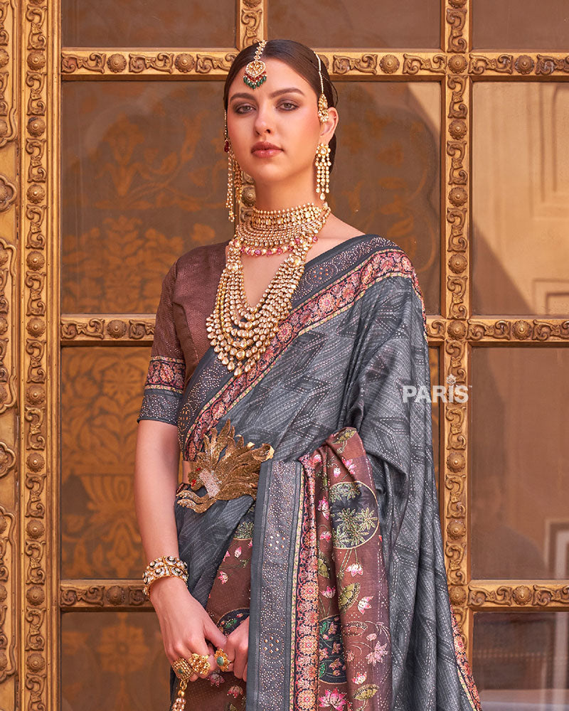 Grey & Brown Border Printed Silk Saree with Belt