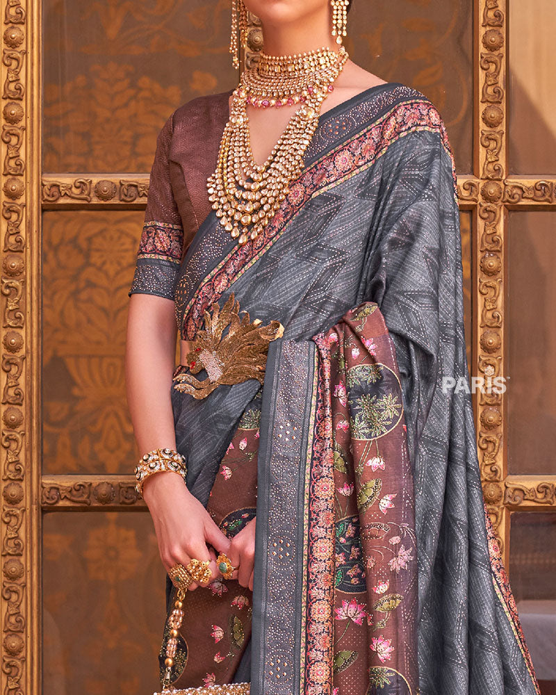 Grey & Brown Border Printed Silk Saree with Belt