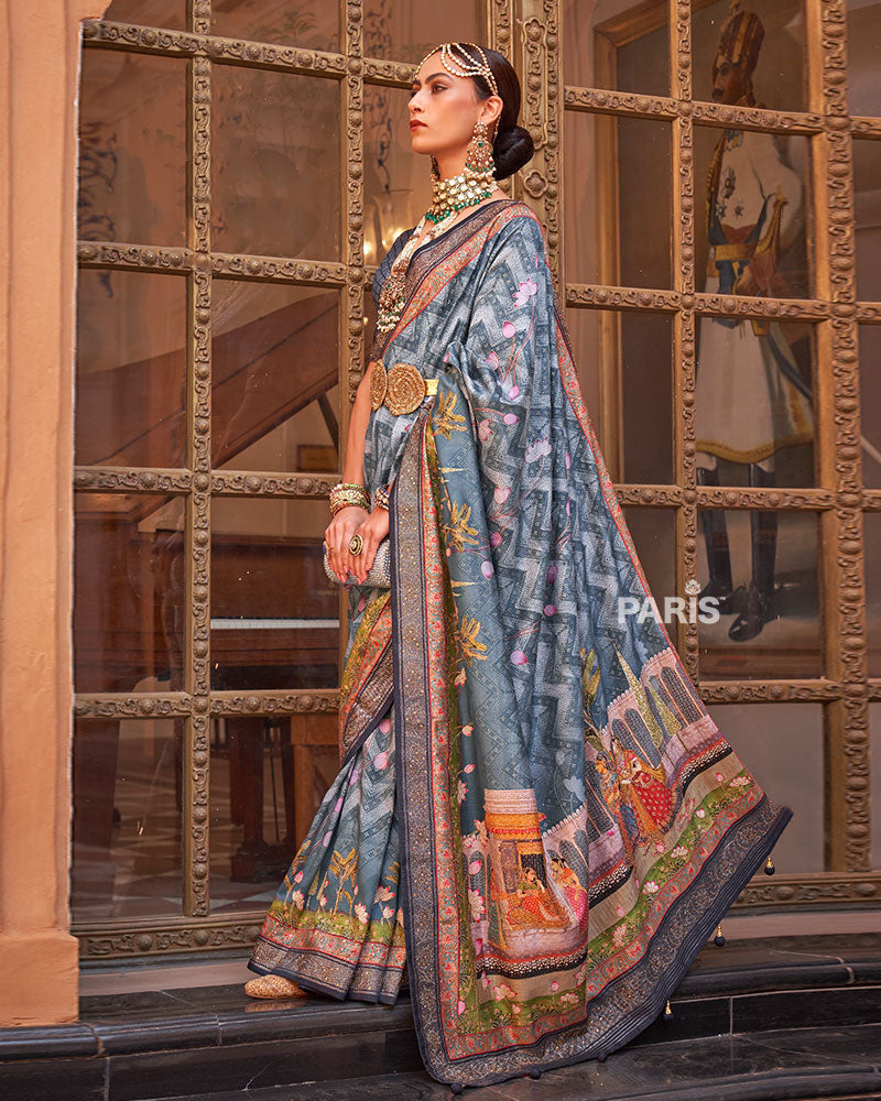 Grey Digital Print Embellished Silk Saree with Belt
