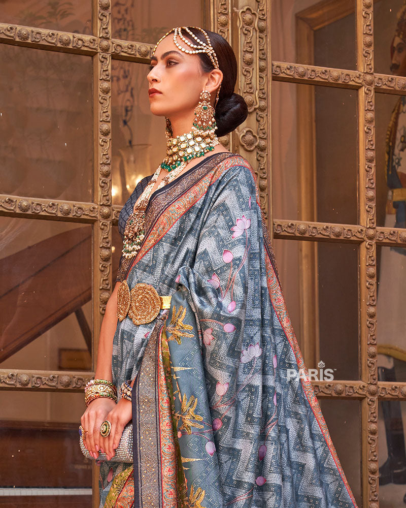 Grey Digital Print Embellished Silk Saree with Belt