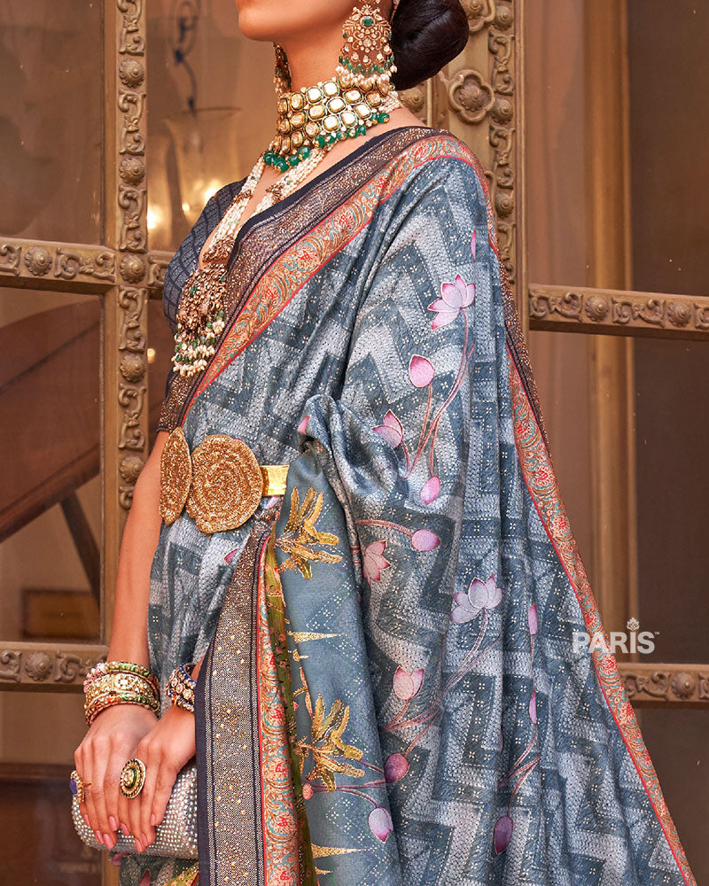 Grey Digital Print Embellished Silk Saree with Belt