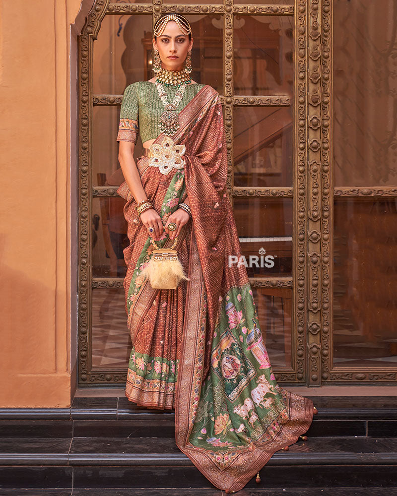 Terracotta & Olive Green Printed Silk Saree with Belt