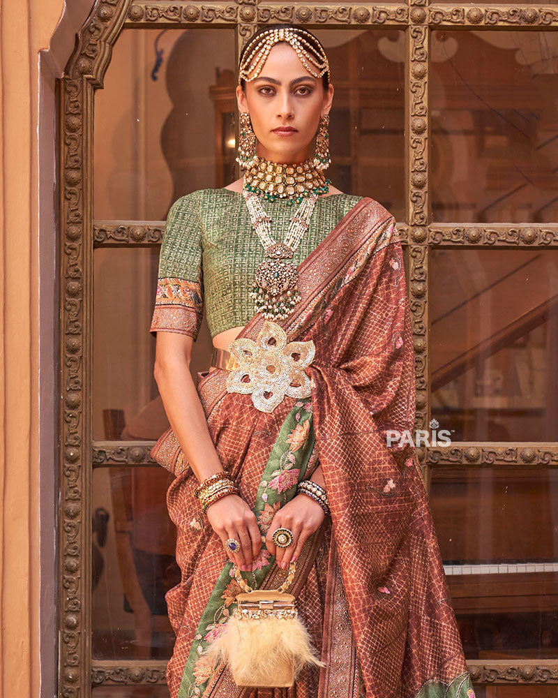 Terracotta & Olive Green Printed Silk Saree with Belt