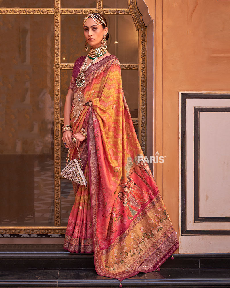 Yellow Digital Print Embellished Silk Saree with Belt