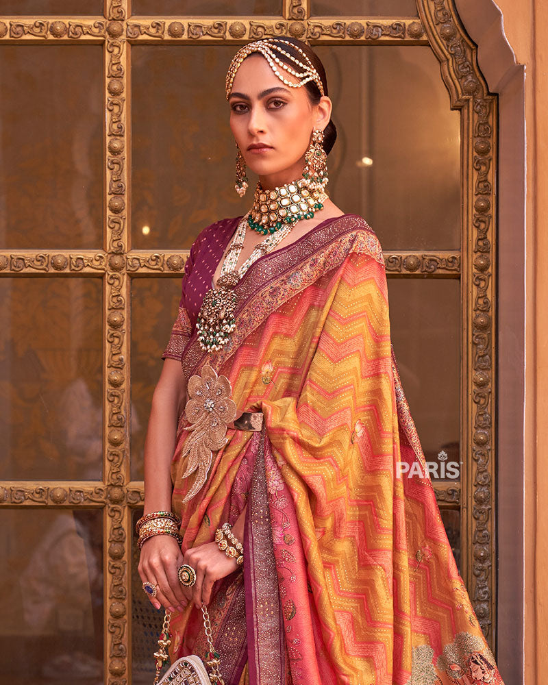 Yellow Digital Print Embellished Silk Saree with Belt