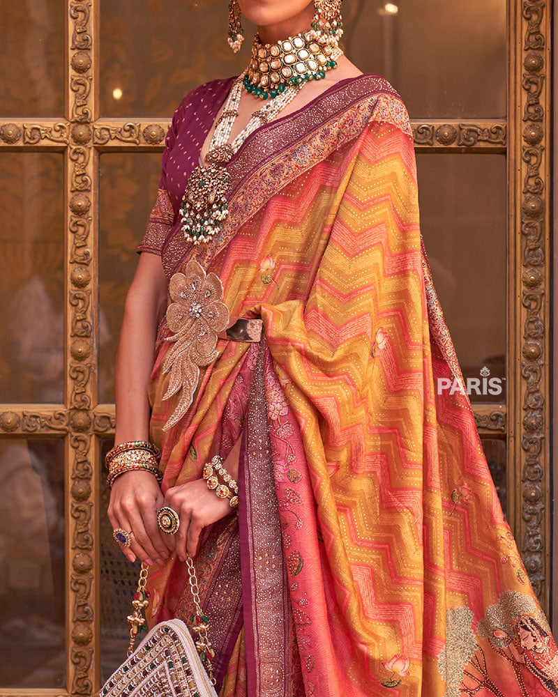 Yellow Digital Print Embellished Silk Saree with Belt