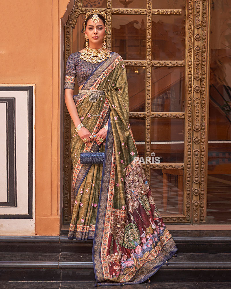 Olive Green Digital Print Embellished Silk Saree with Belt