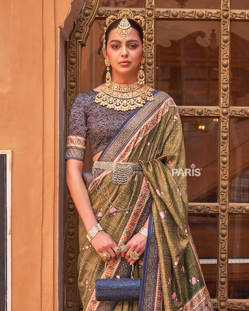 Olive Green Digital Print Embellished Silk Saree with Belt