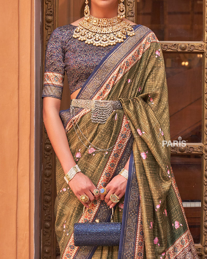 Olive Green Digital Print Embellished Silk Saree with Belt