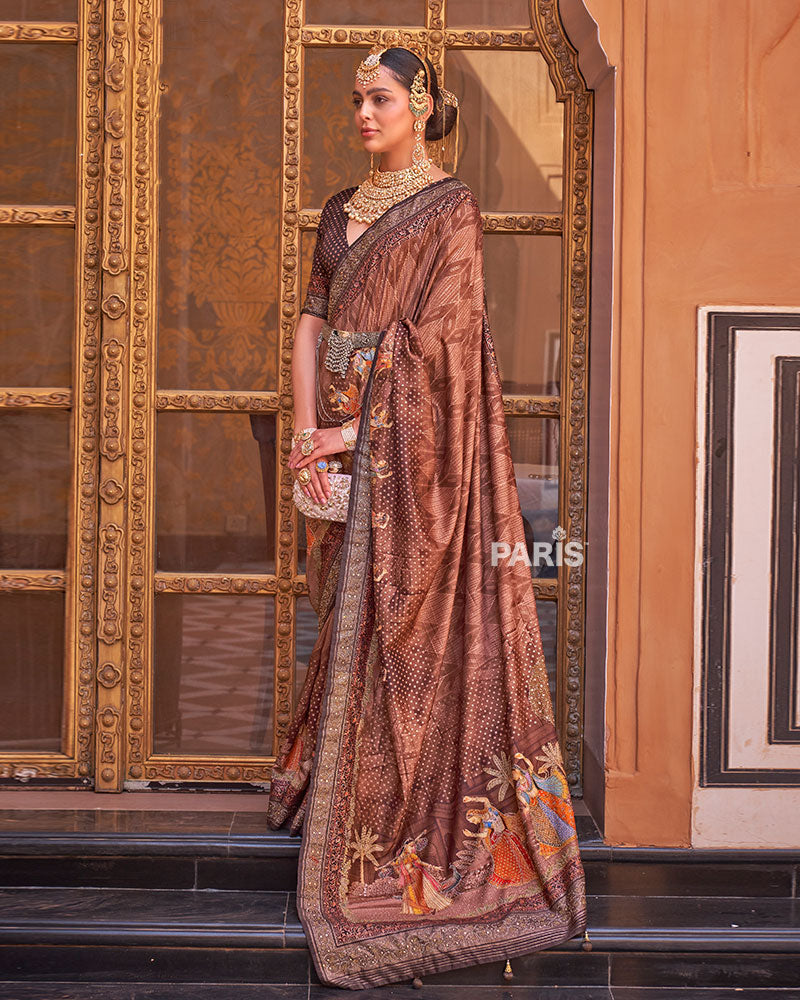 Brown Digital Print Embellished Silk Saree with Belt