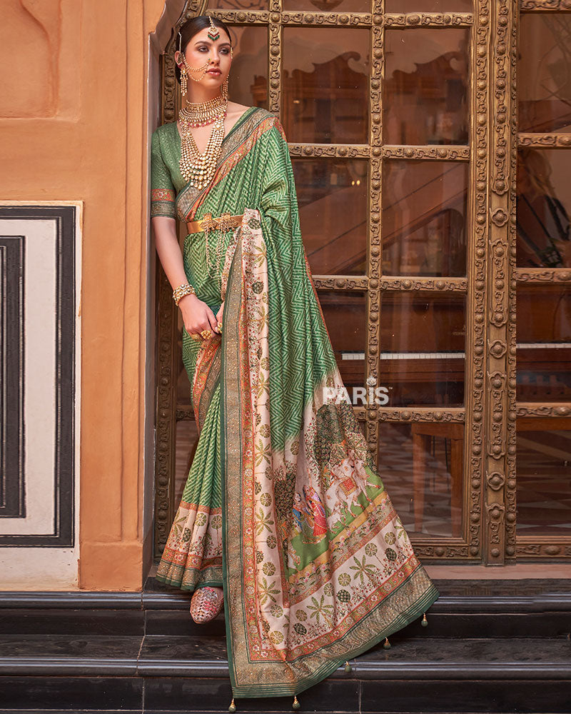 Green Digital Print Embellished Silk Saree with Belt