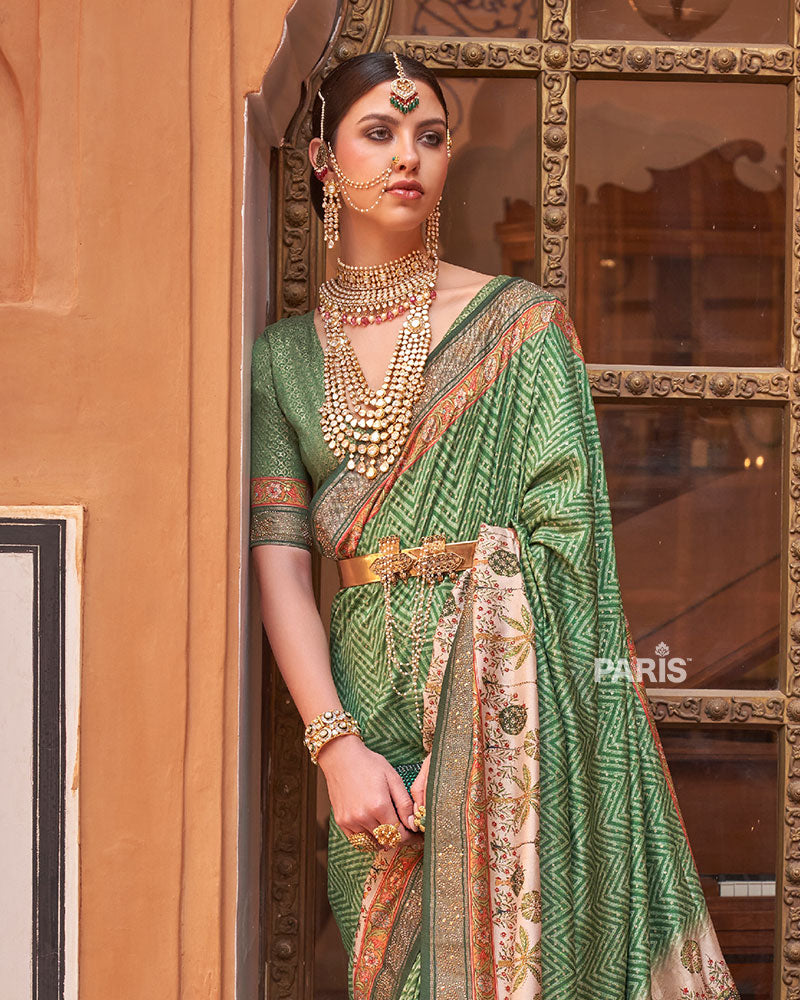 Green Digital Print Embellished Silk Saree with Belt