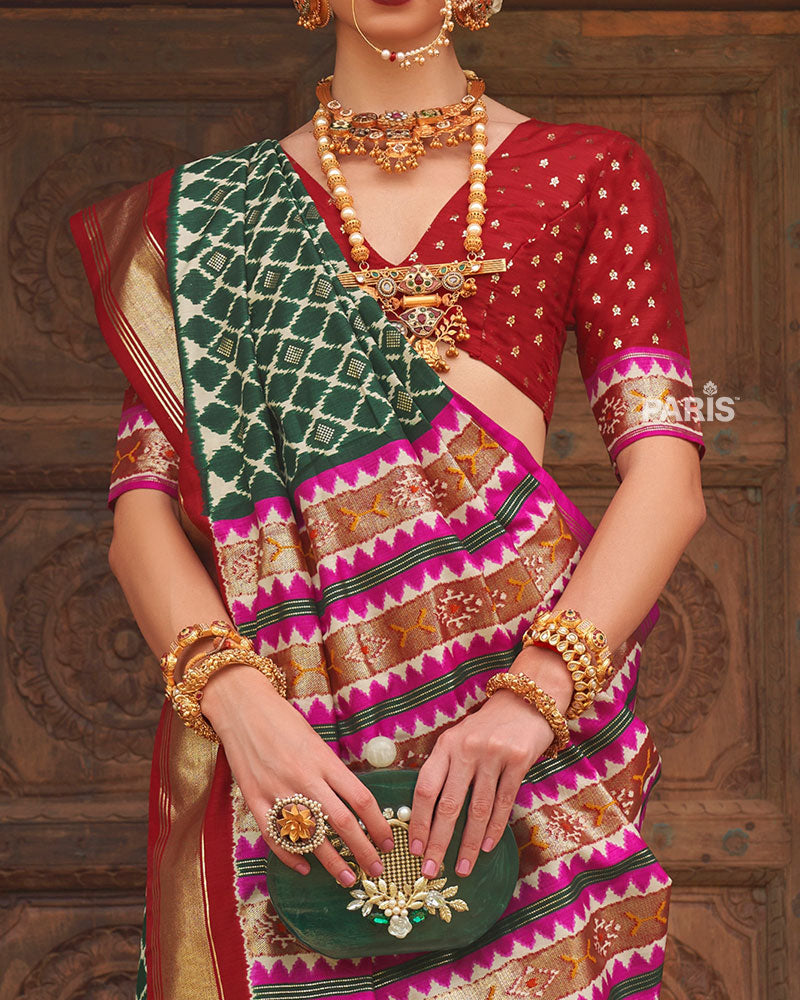 Green Zari Woven Patola Silk Saree with Unstitched Blouse