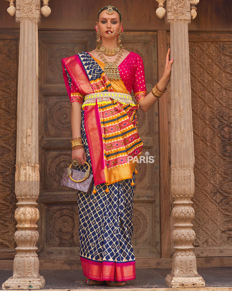 Blue Zari Woven Patola Silk Saree with Unstitched Blouse