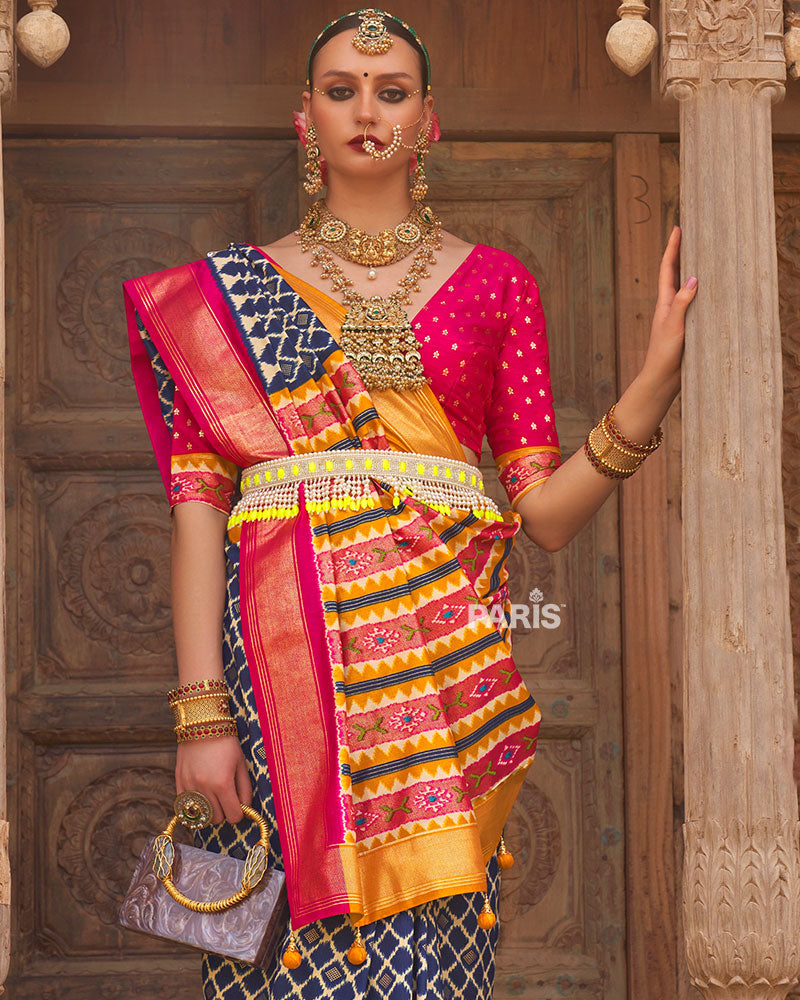 Blue Zari Woven Patola Silk Saree with Unstitched Blouse