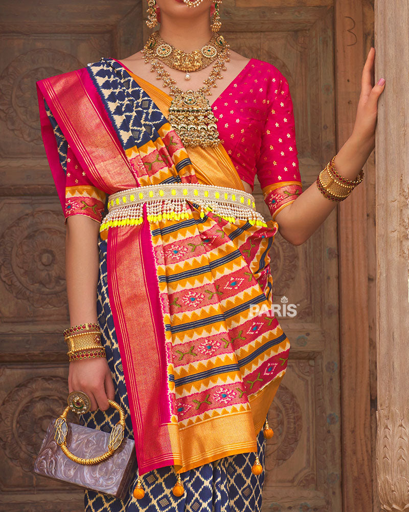 Blue Zari Woven Patola Silk Saree with Unstitched Blouse