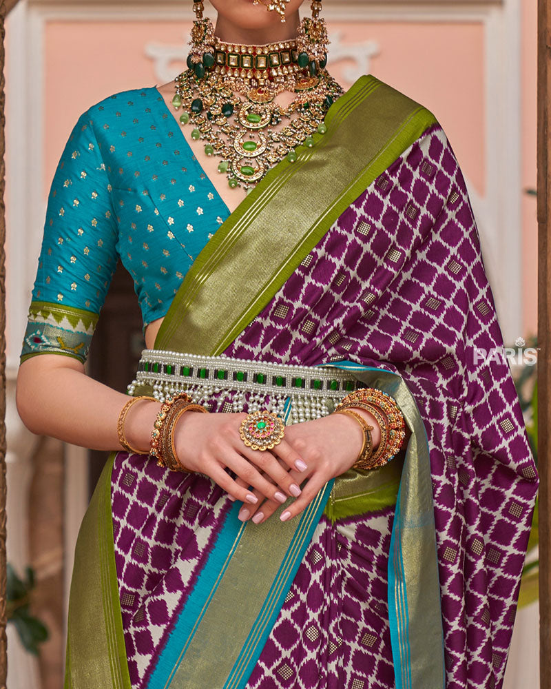 Purple Zari Woven Patola Silk Saree with Unstitched Blouse