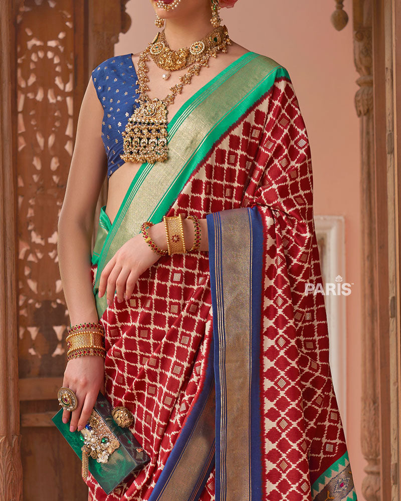 Red Zari Woven Patola Silk Saree with Unstitched Blouse