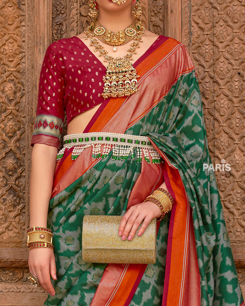 Green Patola Silk Saree with Foil Print & Red-Orange Border