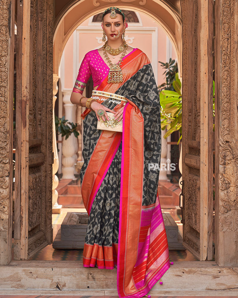 Black Patola Silk Saree with Foil Print & Red-Orange Border
