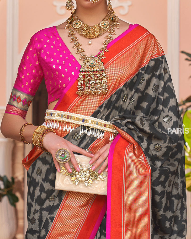 Black Patola Silk Saree with Foil Print & Red-Orange Border