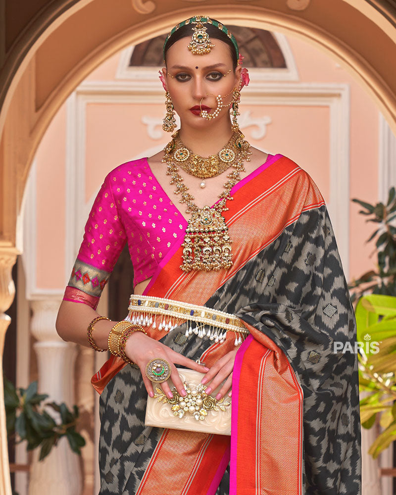 Black Patola Silk Saree with Foil Print & Red-Orange Border