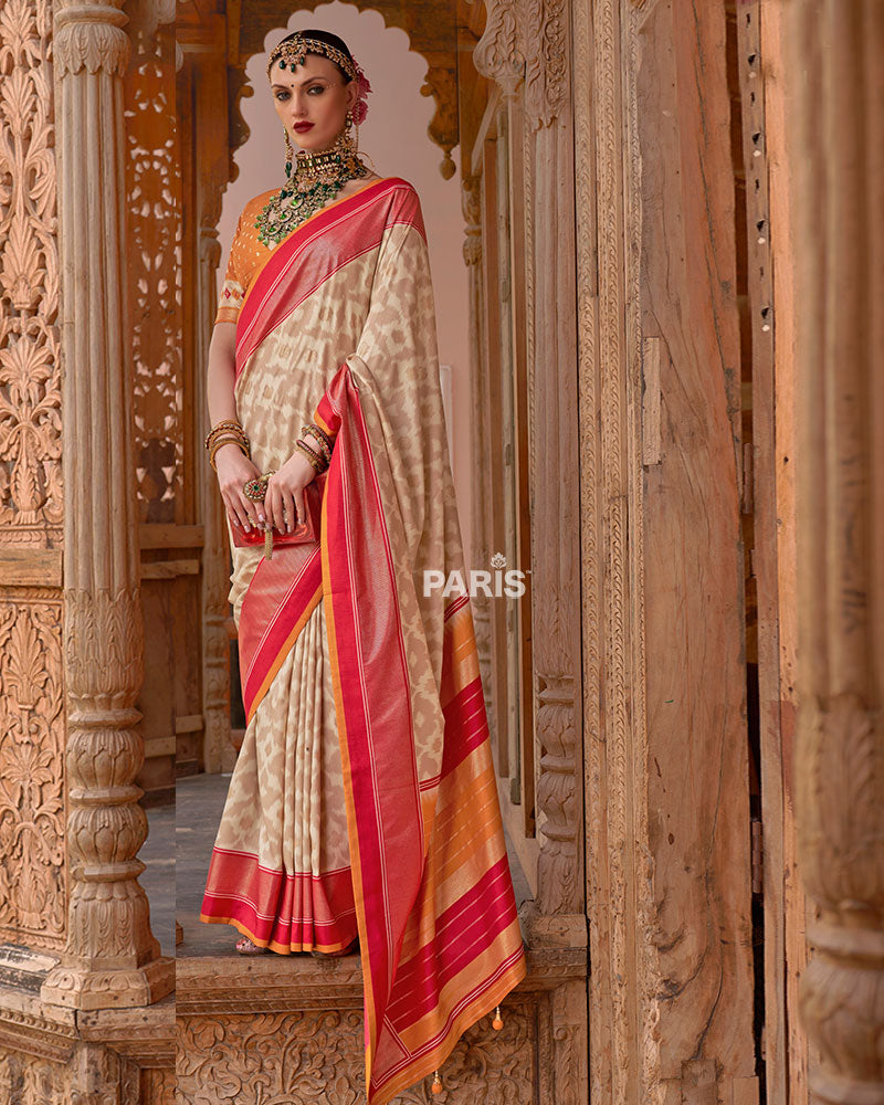 Cream Patola Silk Saree with Foil Print & Red-Orange Border