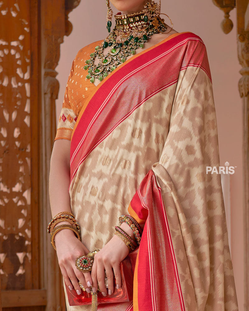 Cream Patola Silk Saree with Foil Print & Red-Orange Border