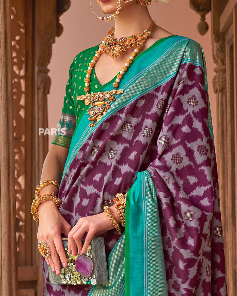 Purple Patola Silk Saree with Foil Print & Teal Green Border