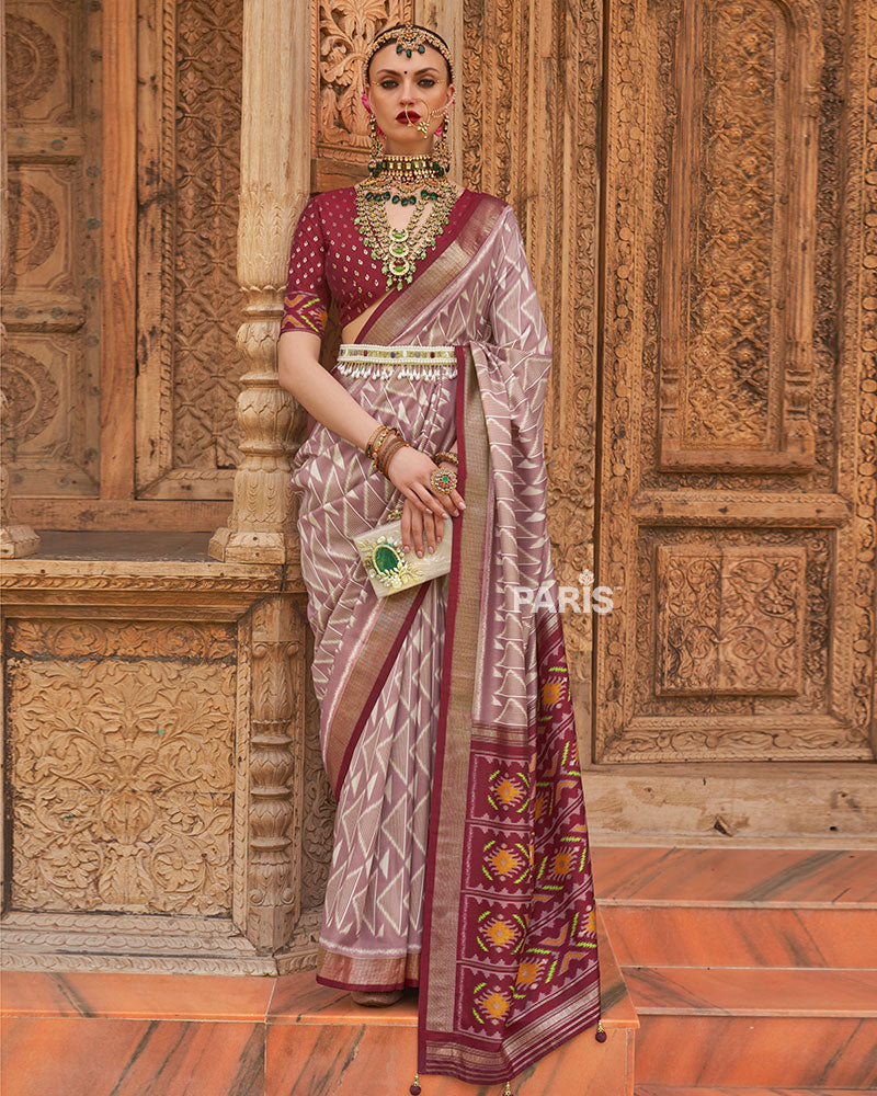 Mauve Geometric Patterns & Maroon Border Saree