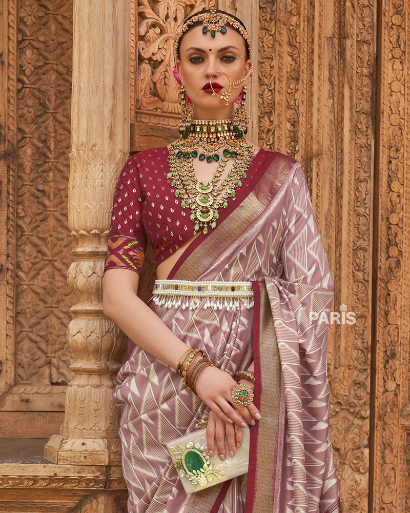 Mauve Geometric Patterns & Maroon Border Saree