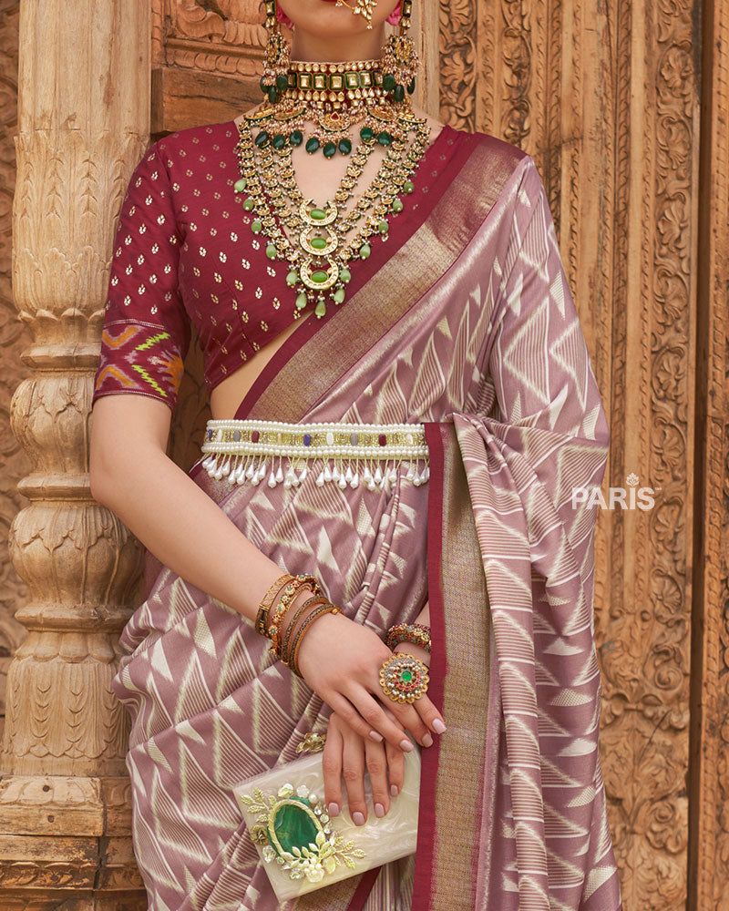 Mauve Geometric Patterns & Maroon Border Saree
