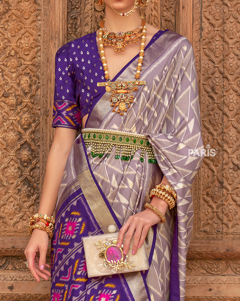 Grey Geometric Patterns & Purple Border Saree