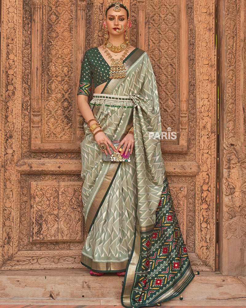Laurel Green Geometric Patterns & Dark Green Border Saree