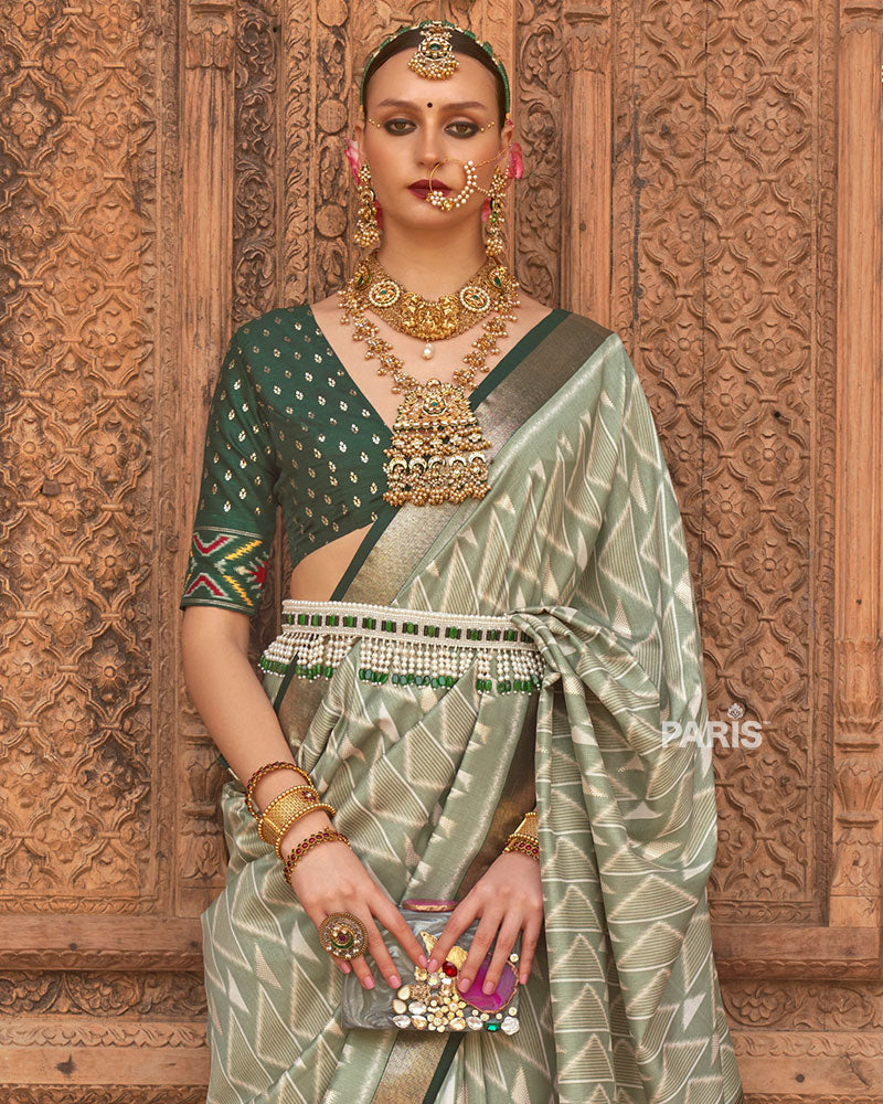 Laurel Green Geometric Patterns & Dark Green Border Saree