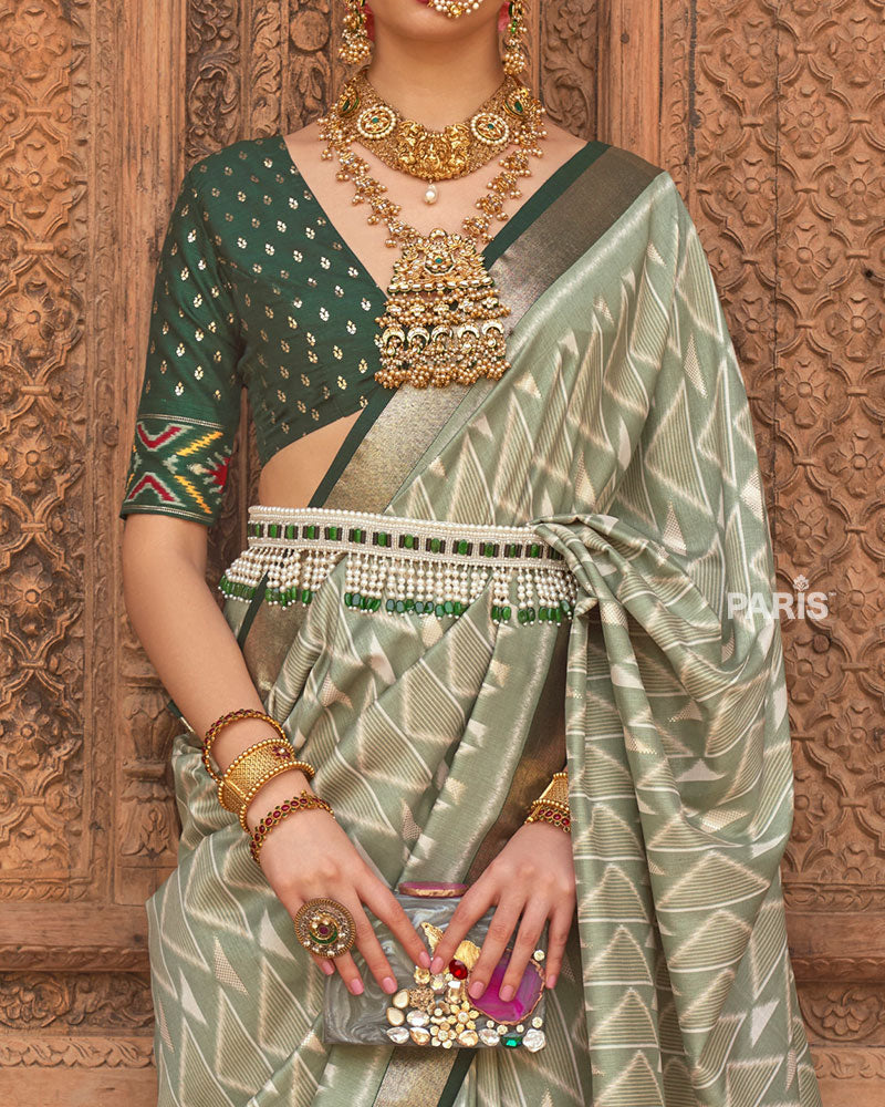 Laurel Green Geometric Patterns & Dark Green Border Saree