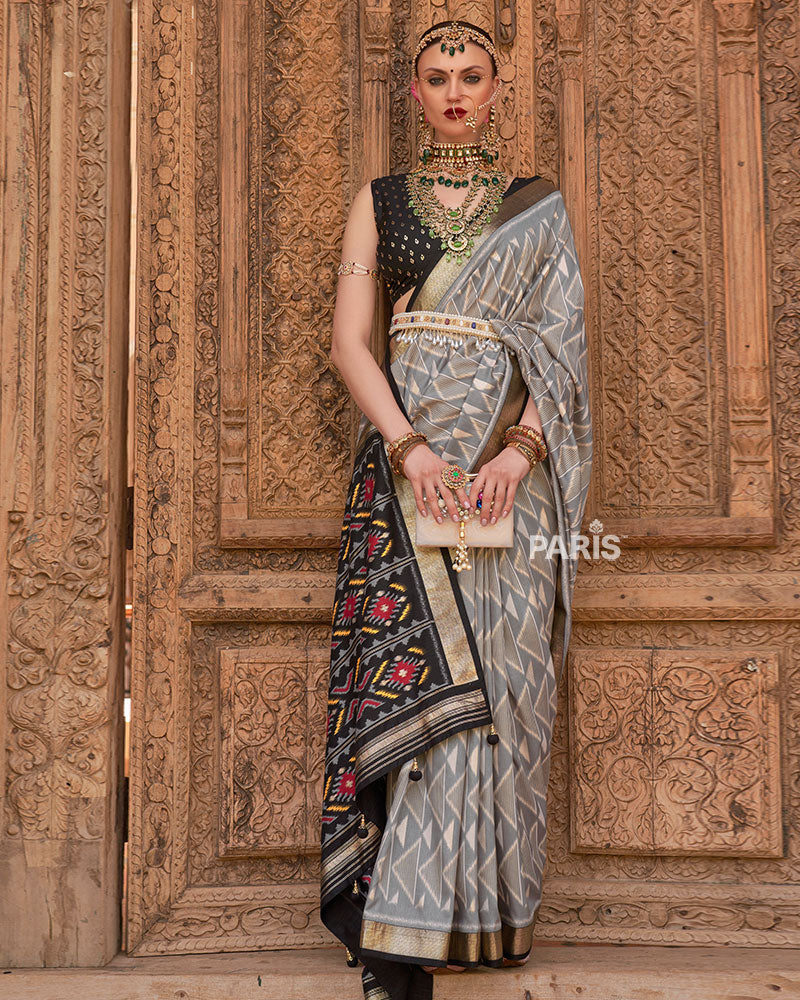 Grey Geometric Patterns & Black Border Saree