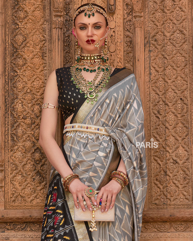 Grey Geometric Patterns & Black Border Saree