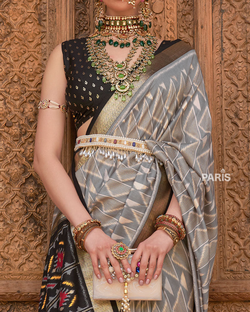 Grey Geometric Patterns & Black Border Saree