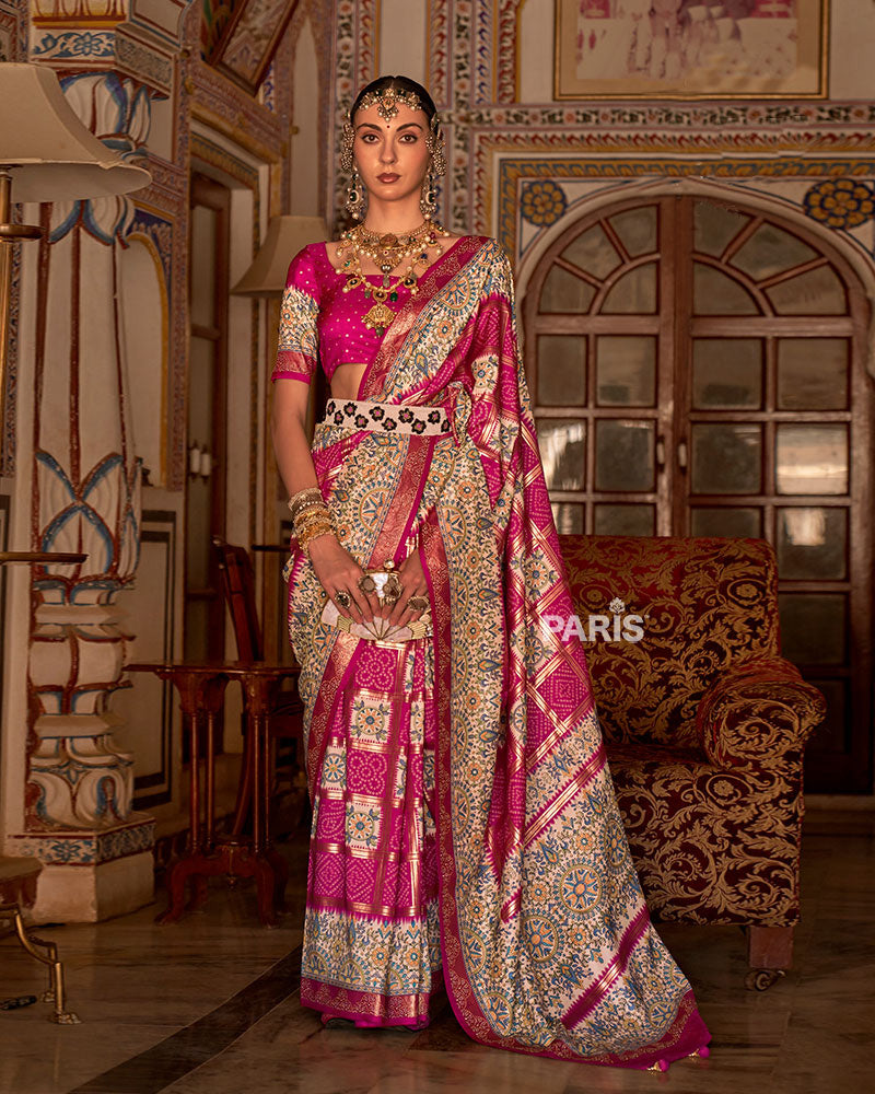Fuchsia Pink and Cream Bandhani Saree with Unstitched Blouse and Belt 01