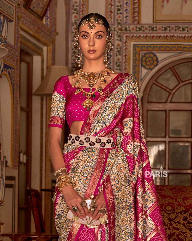 Fuchsia Pink and Cream Bandhani Saree with Unstitched Blouse and Belt 02