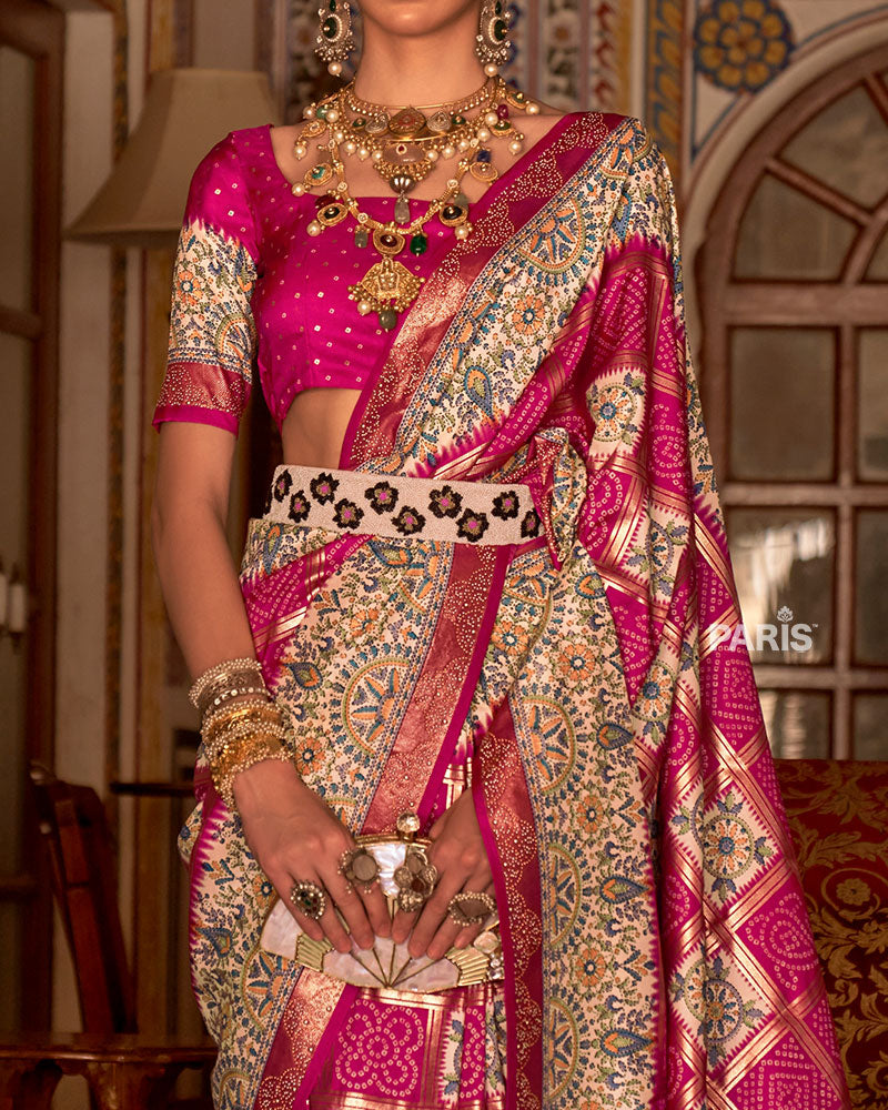 Fuchsia Pink and Cream Bandhani Saree with Unstitched Blouse and Belt 03