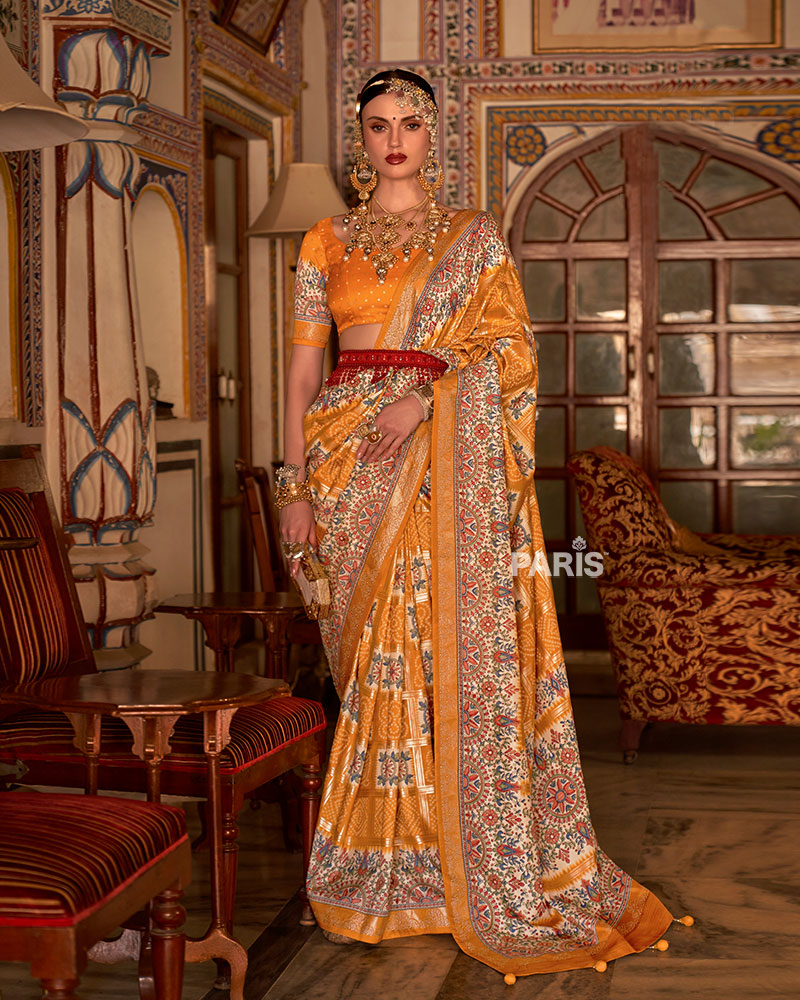 Musturd Yellow and Cream Bandhani Saree with Unstitched Blouse and Belt 01