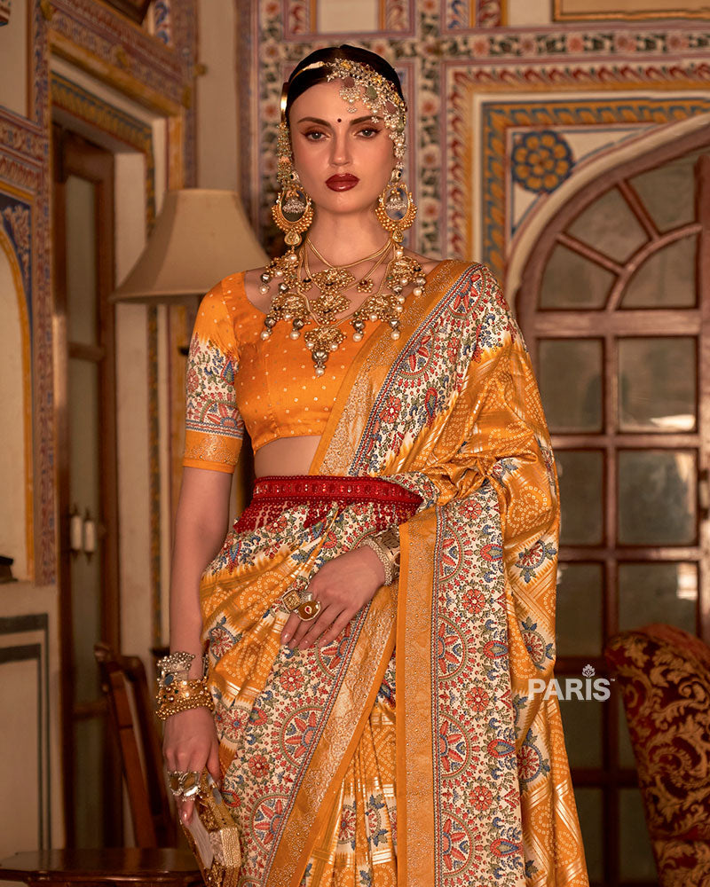 Musturd Yellow and Cream Bandhani Saree with Unstitched Blouse and Belt 02