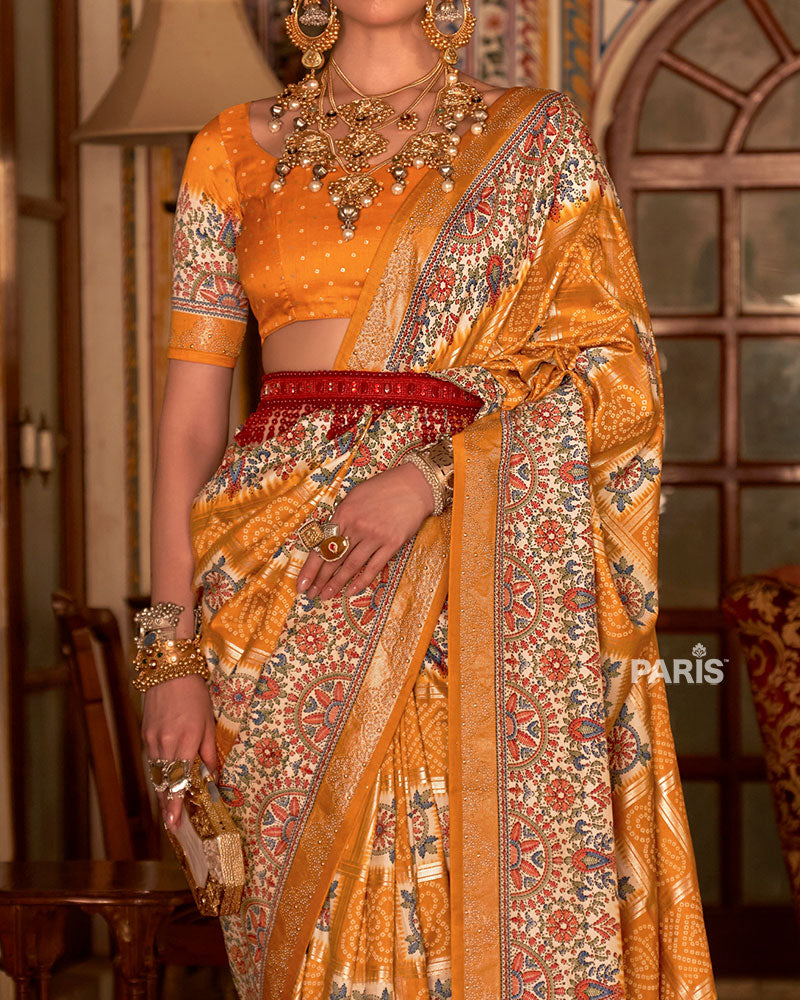 Musturd Yellow and Cream Bandhani Saree with Unstitched Blouse and Belt 03