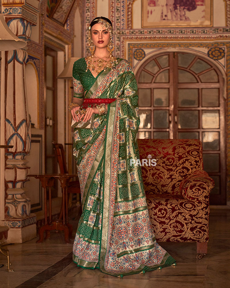Green and Cream Bandhani Saree with Unstitched Blouse and Belt 01