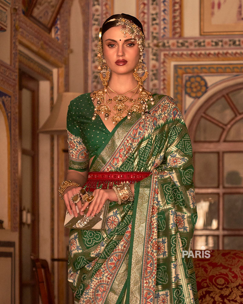 Green and Cream Bandhani Saree with Unstitched Blouse and Belt 02