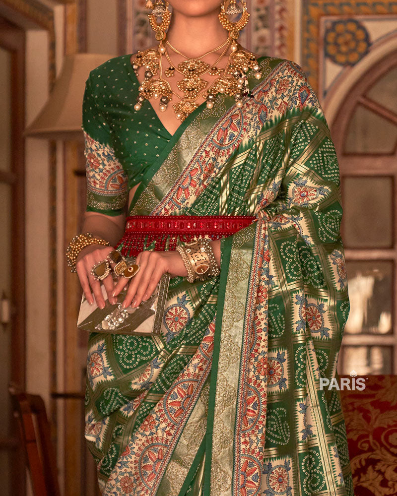 Green and Cream Bandhani Saree with Unstitched Blouse and Belt 03