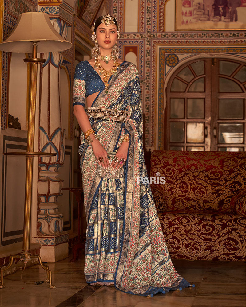 Blue and Cream Bandhani Saree with Unstitched Blouse and Belt 01